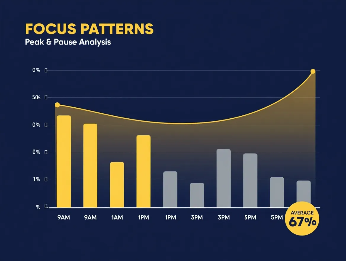 A bar chart and trend line showing alternating focus and pause periods with gradually decreasing intensity toward the end of the day
